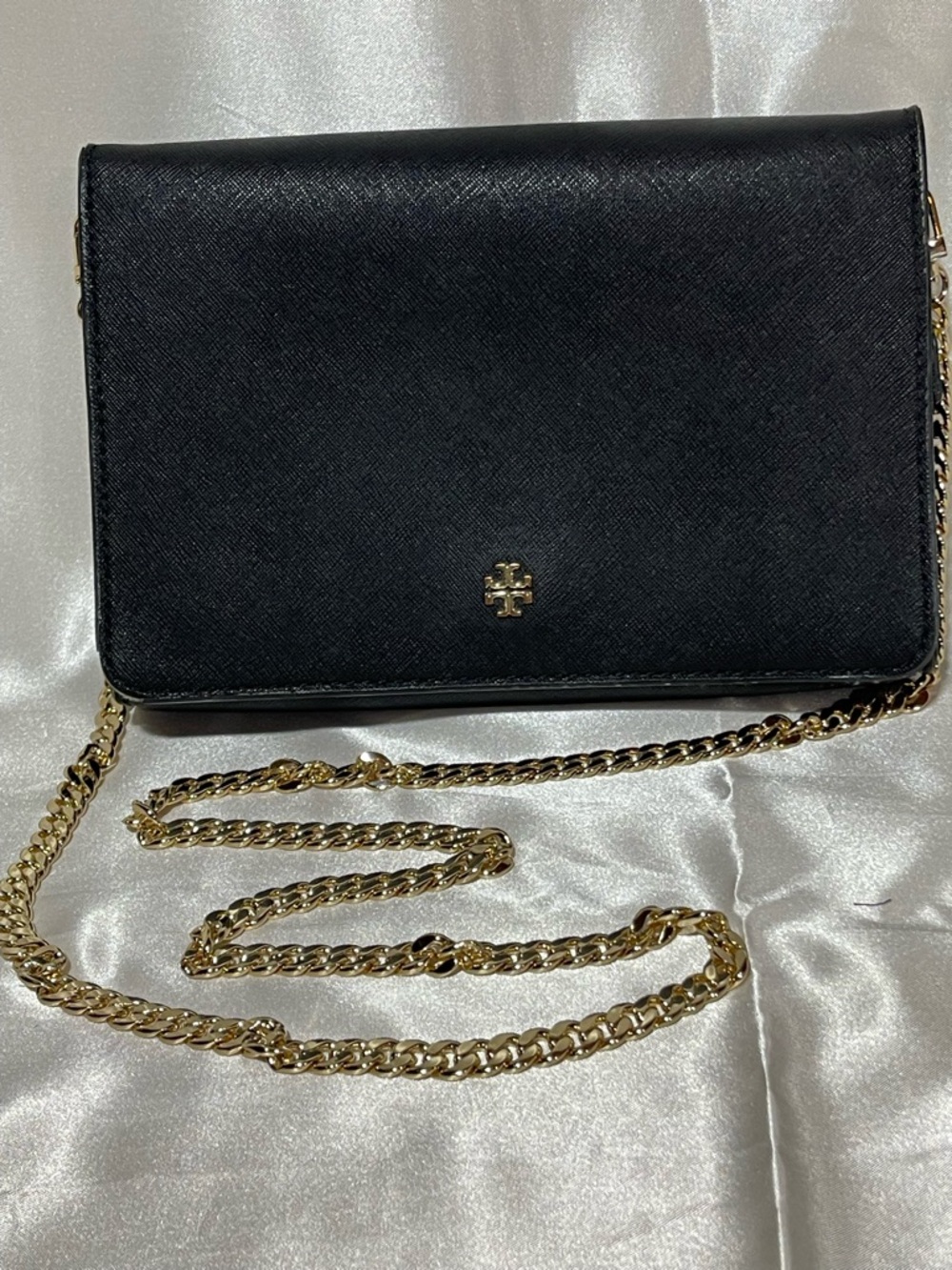 Authentic Tory Burch Black Saffiano Leather Crossbody /Jacquard Logo Lining